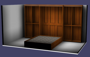 A 3d render of a murpheybed in the corner of a room