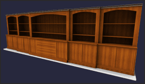 A 3d image of a wooden cabinet on a dark blue background.