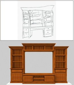 A rough sketch of a wooden entertainment center on top and a 3D-rendered design of it using SketchList 3D below