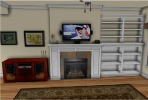 Frontal view 3D rendering of a living room setting with a white mantled fireplace with TV on top, bookshelf to the left, and TV cabinet on the right