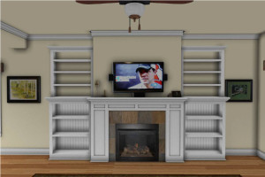 Frontal view 3D rendering of a living room setting with a white mantled fireplace with TV on top and bookshelves on either side