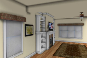 Left angle view 3D rendering of a living room with a white fireplace mantle and bookshelves on either side