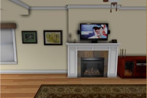 Frontal view 3D rendering of a living room setting with a white mantled fireplace in the center with TV on top, picture frames to the left, and TV cabinet on the right